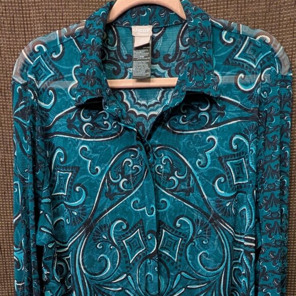Chico Womens Plus Size 3 Long Sheer Mesh Long Sleeve Button Front Blouse - Picture 1 of 6